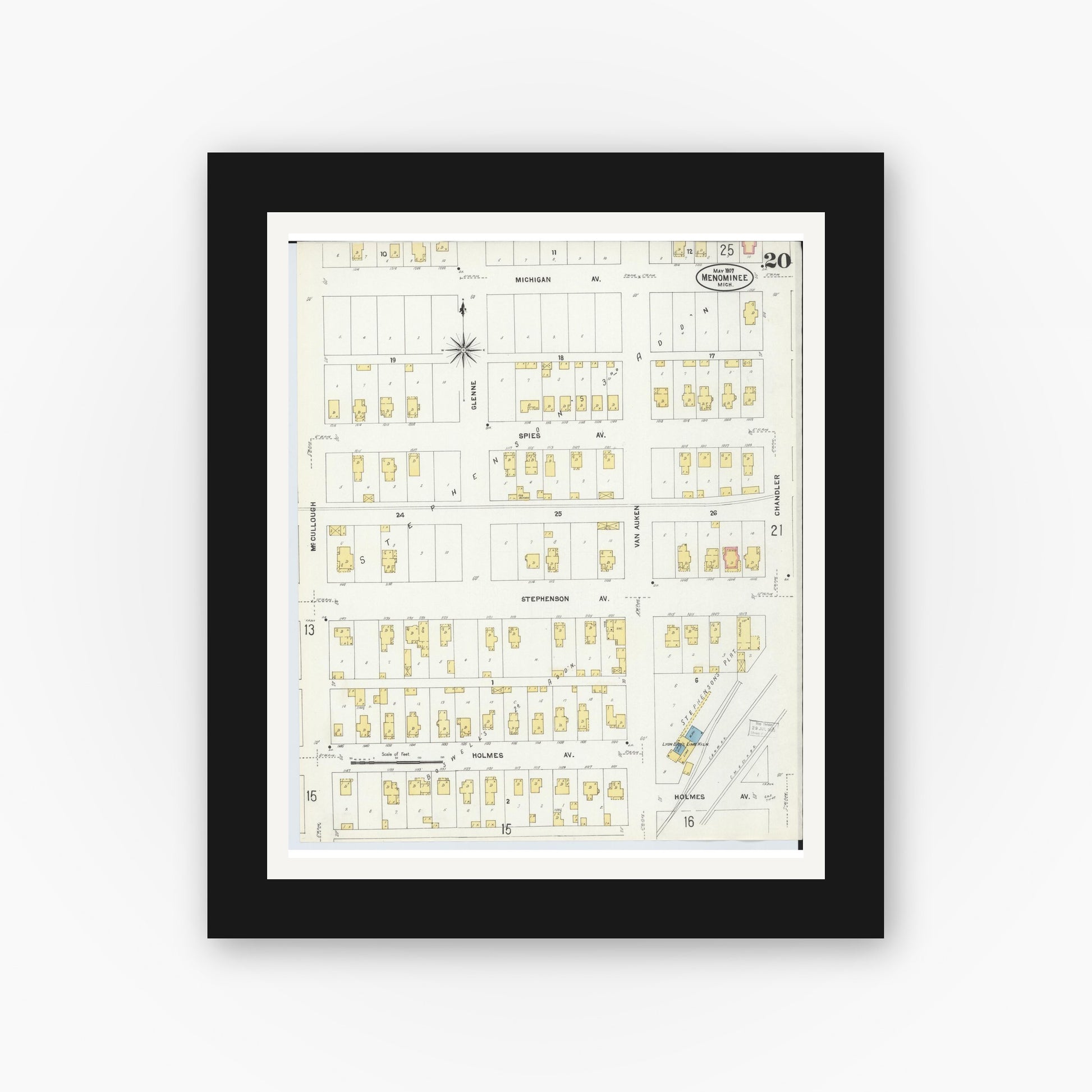 Old map wall art mockup — black gallery frame with white mat — Sanborn Fire Insurance Map from Menominee, Menominee County, Michigan (1907), Sheet #0020