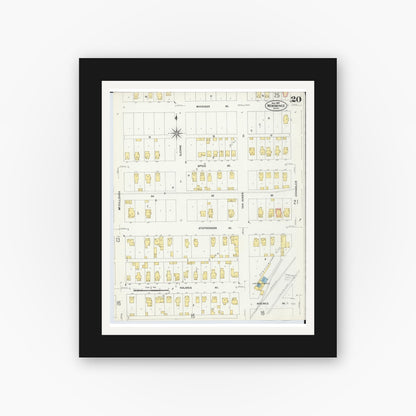 Old map wall art mockup — black gallery frame with white mat — Sanborn Fire Insurance Map from Menominee, Menominee County, Michigan (1907), Sheet #0020