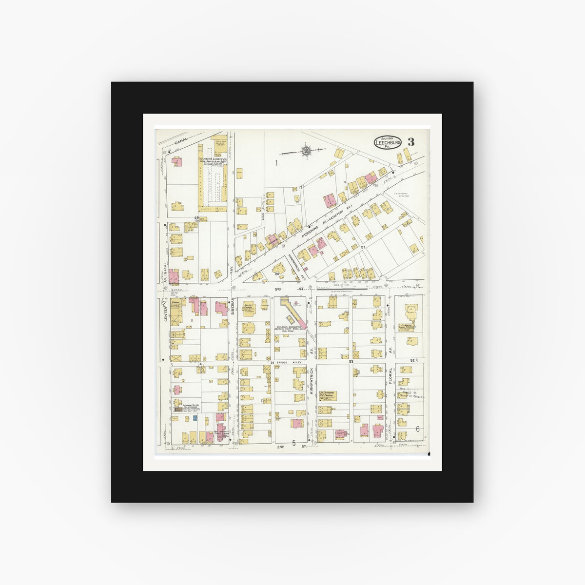 Old map wall art mockup — black gallery frame with white mat — Sanborn Fire Insurance Map from Leechburg, Armstrong County, Pennsylvania (1919), Sheet #0003
