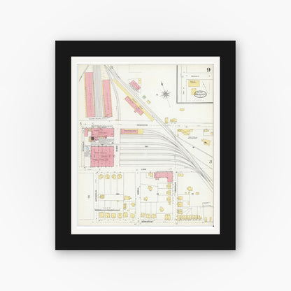 Old map wall art mockup — black gallery frame with white mat — Sanborn Fire Insurance Map from Danville, Independent Cities, Virginia (1904), Sheet #0009