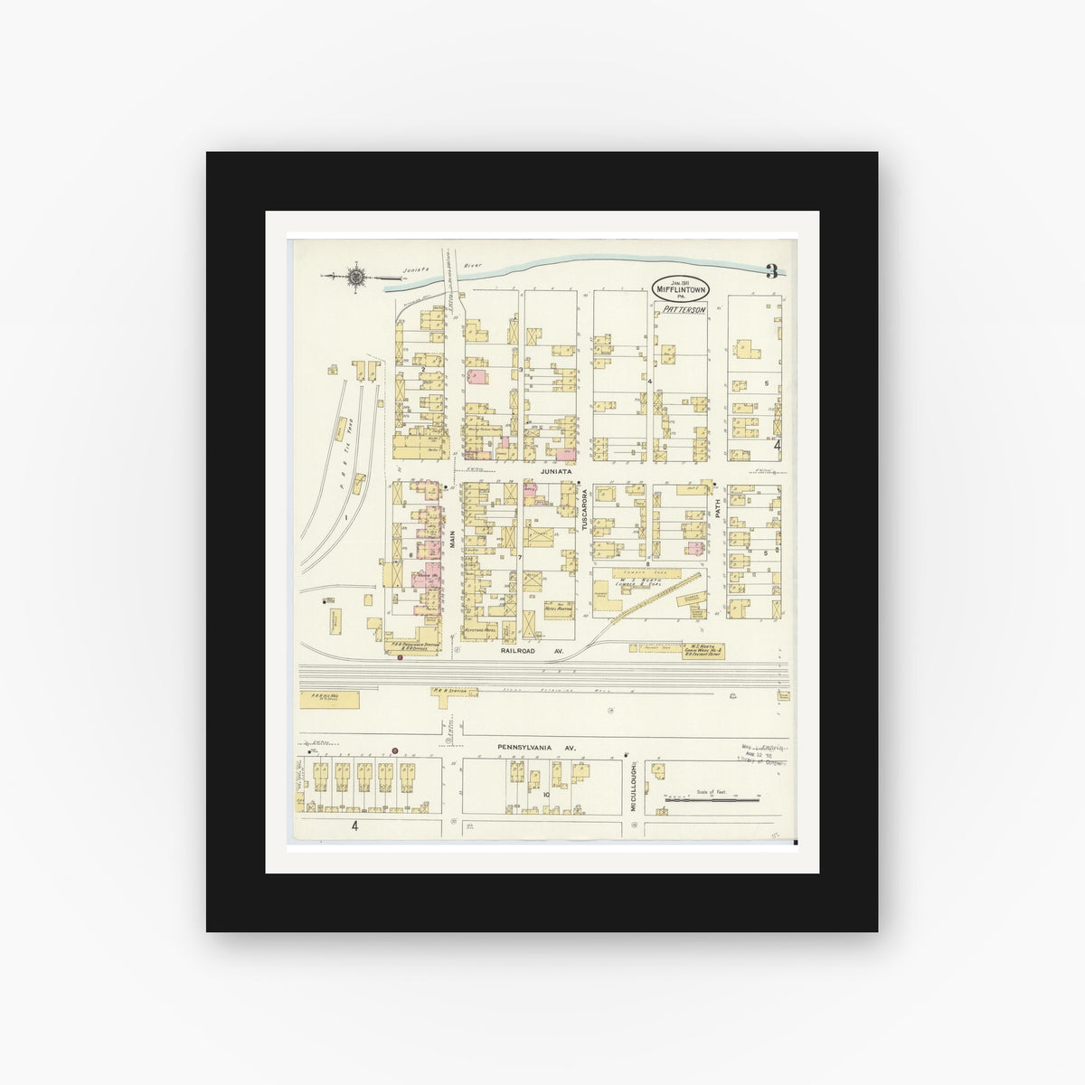 Old map wall art mockup — black gallery frame with white mat — Sanborn Fire Insurance Map from Mifflintown, Juniata County, Pennsylvania (1911), Sheet #0003