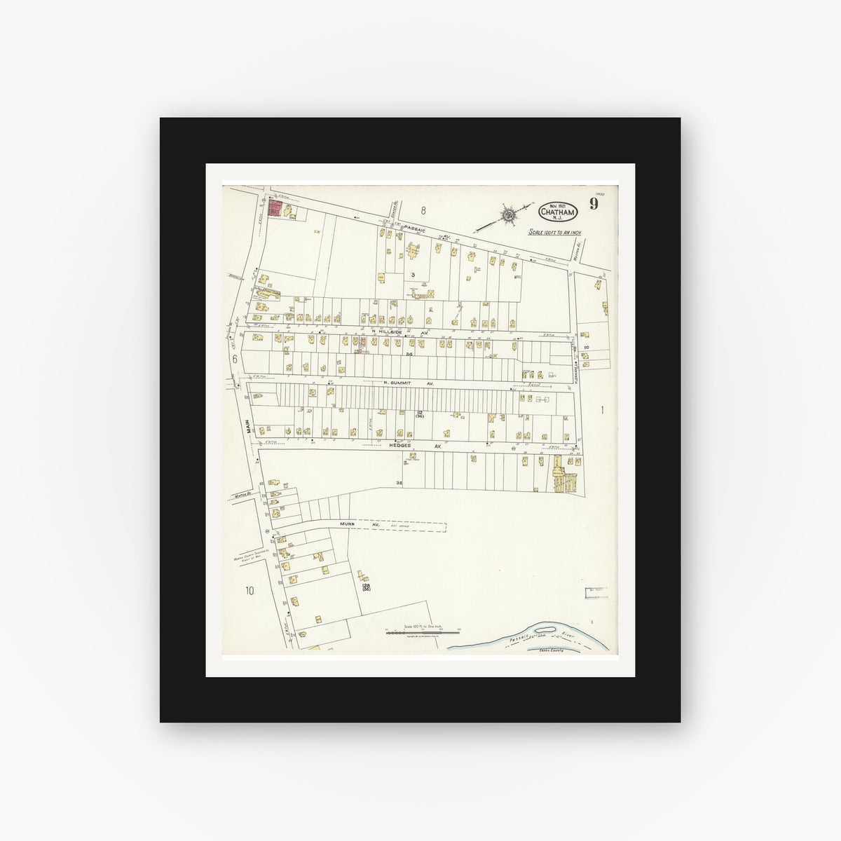 Old map wall art mockup — black gallery frame with white mat — Sanborn Fire Insurance Map from Chatham, Morris County, New Jersey (1921), Sheet #0009