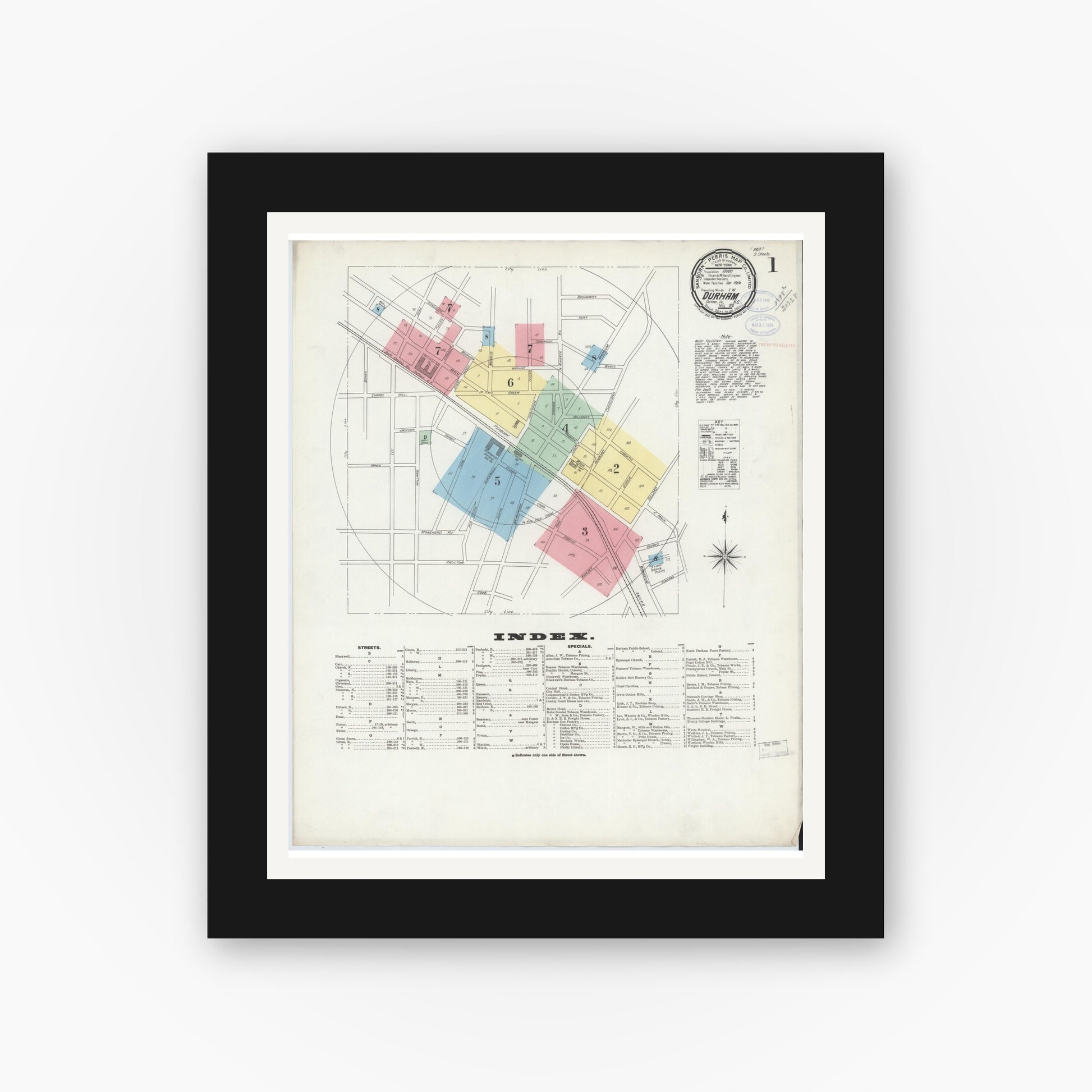 Old map wall art mockup — black gallery frame with white mat — Sanborn Fire Insurance Map from Durham, Durham County, North Carolina (1898), Sheet #0001