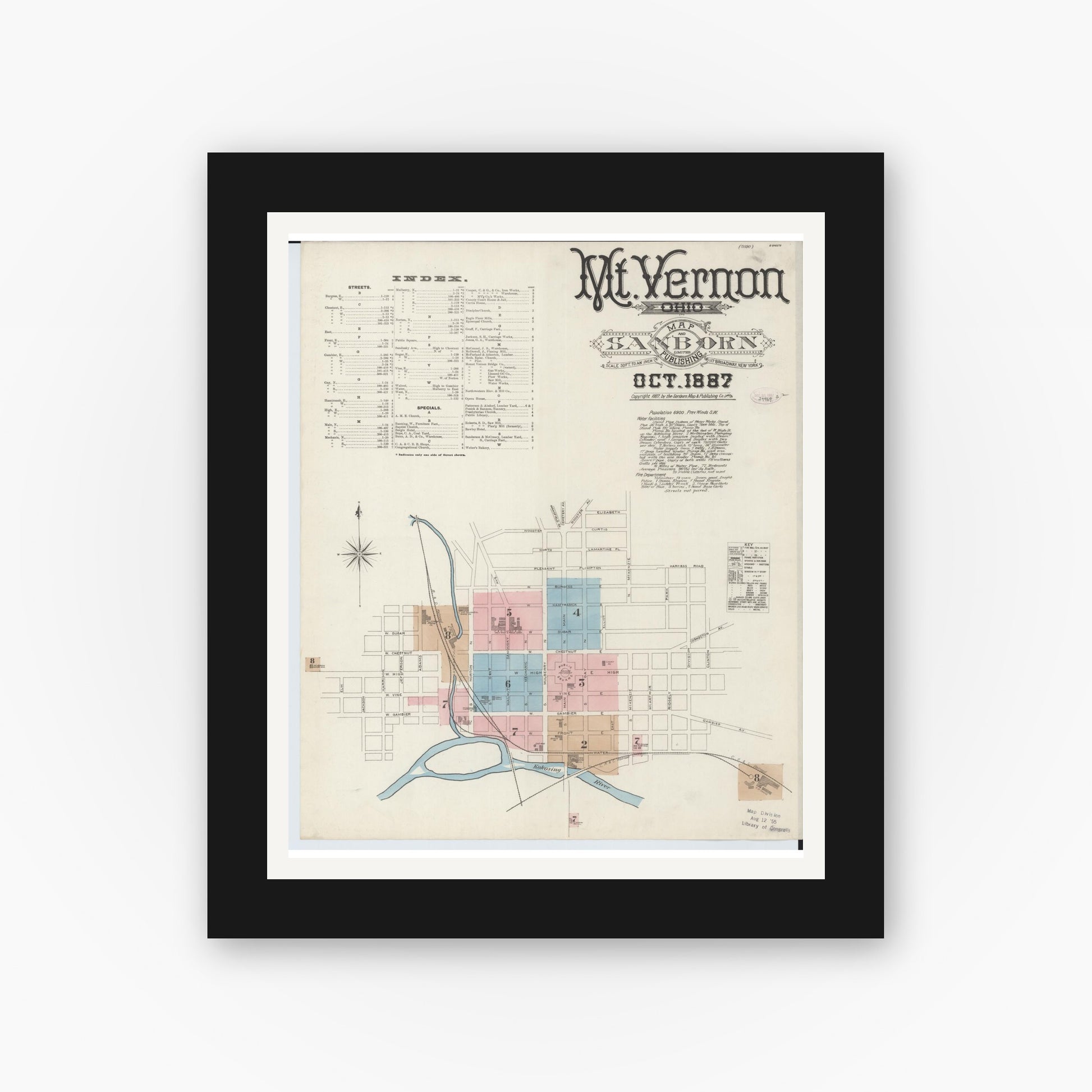 Old map wall art mockup — black gallery frame with white mat — Sanborn Fire Insurance Map from Mount Vernon, Knox County, Ohio (1887) - Complete Map Set