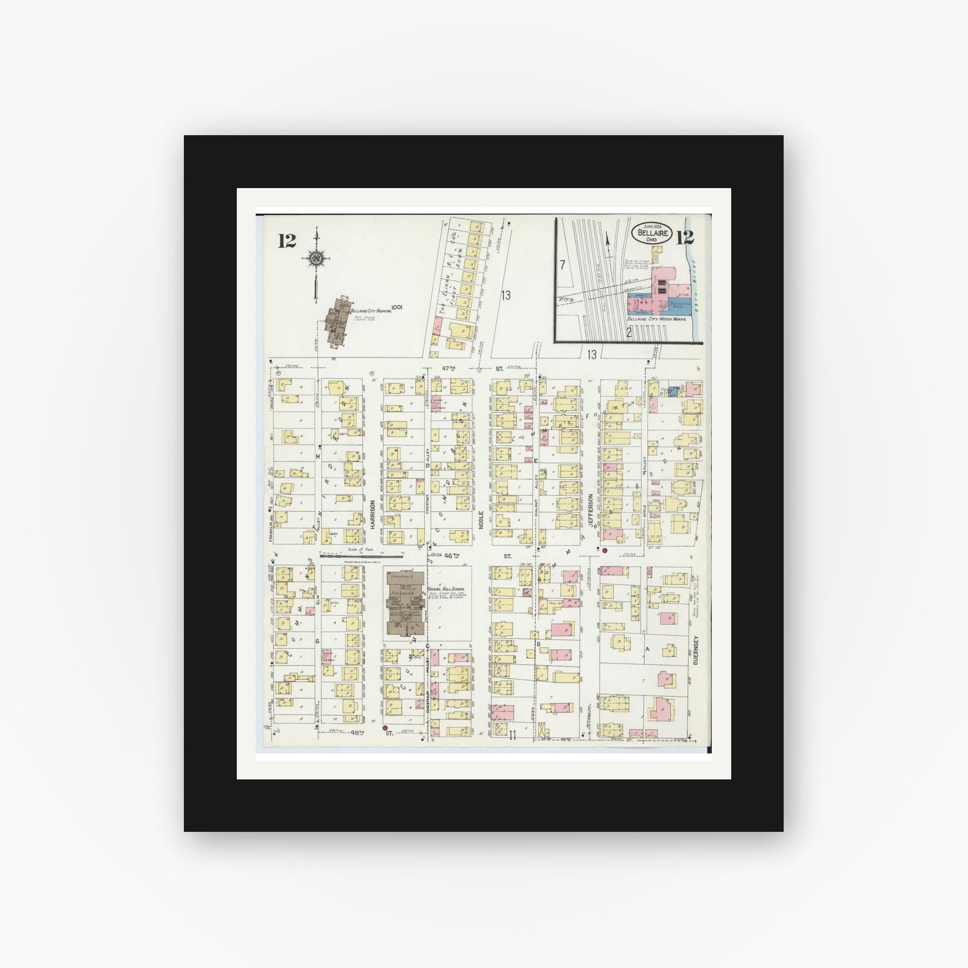 Old map wall art mockup — black gallery frame with white mat — Sanborn Fire Insurance Map from Bellaire, Belmont County, Ohio (1924), Sheet #0012
