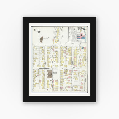 Old map wall art mockup — black gallery frame with white mat — Sanborn Fire Insurance Map from Bellaire, Belmont County, Ohio (1924), Sheet #0012