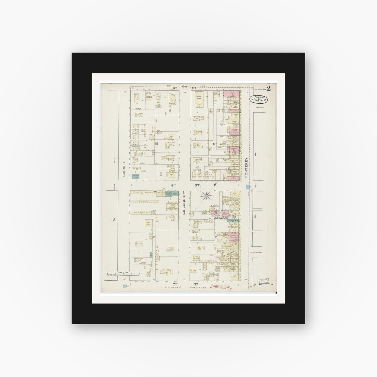 Old map wall art mockup — black gallery frame with white mat — Sanborn Fire Insurance Map from Gilroy, Santa Clara County, California (1886), Sheet #0002