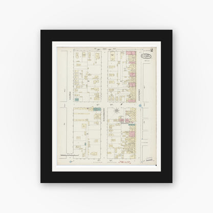 Old map wall art mockup — black gallery frame with white mat — Sanborn Fire Insurance Map from Gilroy, Santa Clara County, California (1886), Sheet #0002