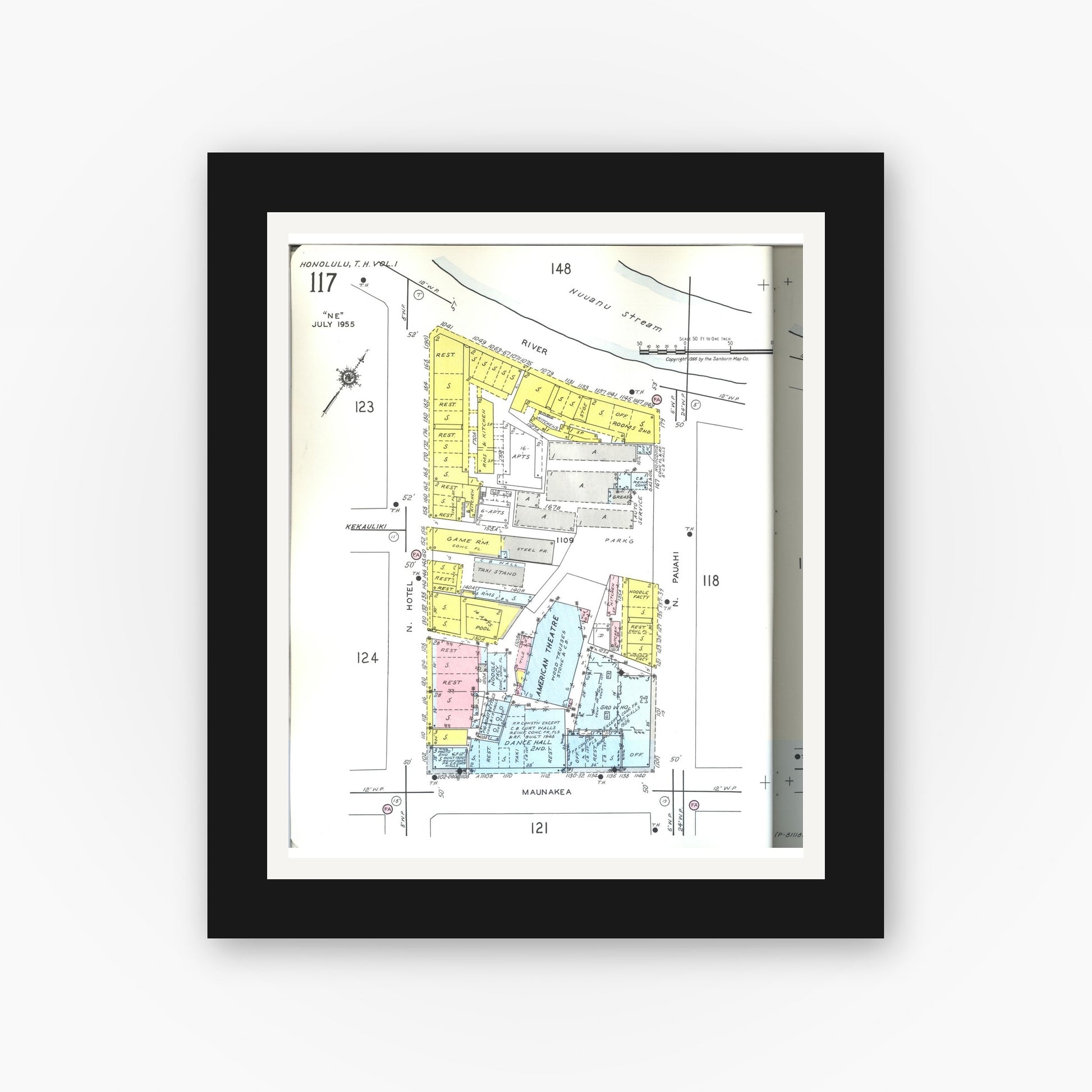 Old map wall art mockup — black gallery frame with white mat — Sanborn Fire Insurance Map from Honolulu, Oahu County, Hawaii (1955), Sheet #0117