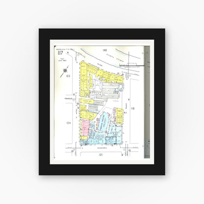 Old map wall art mockup — black gallery frame with white mat — Sanborn Fire Insurance Map from Honolulu, Oahu County, Hawaii (1955), Sheet #0117