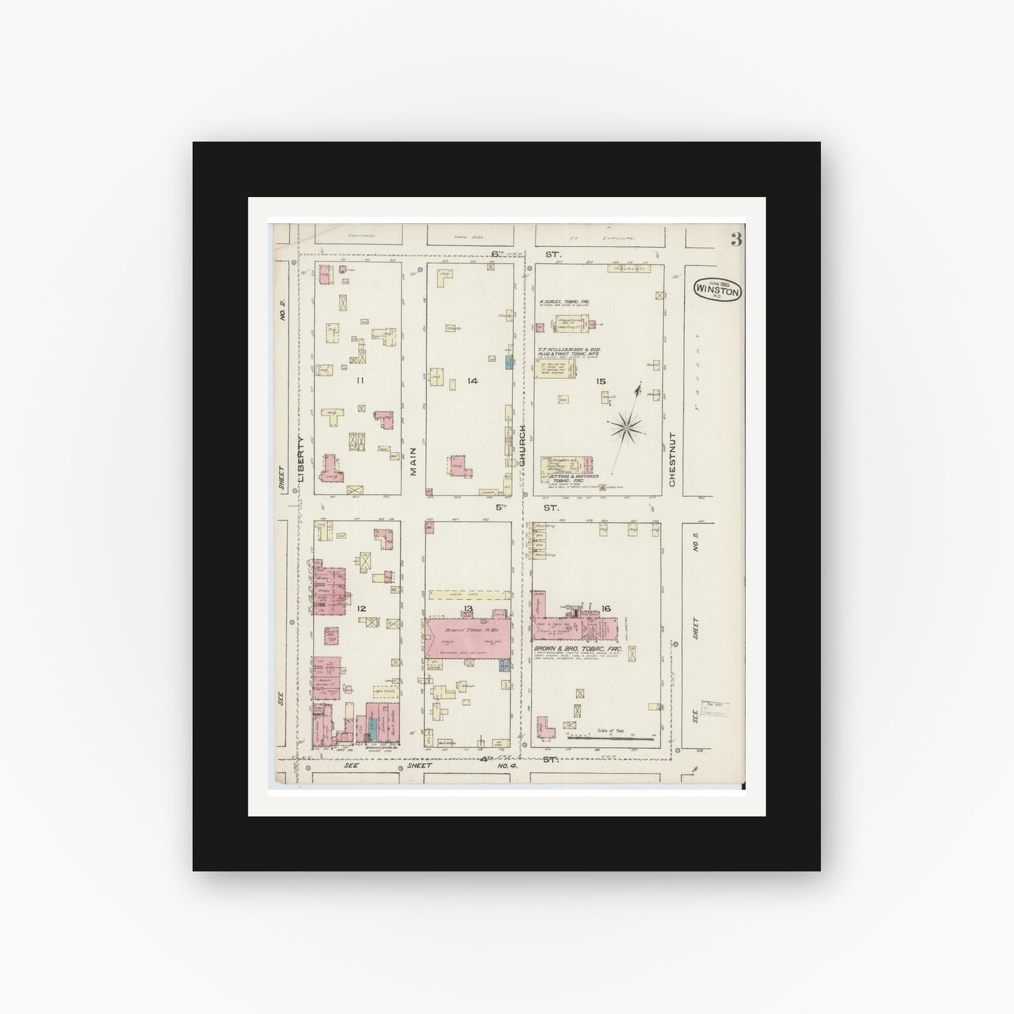 Old map wall art mockup — black gallery frame with white mat — Sanborn Fire Insurance Map from Winston-Salem, Forsyth County, North Carolina (1885), Sheet #0003