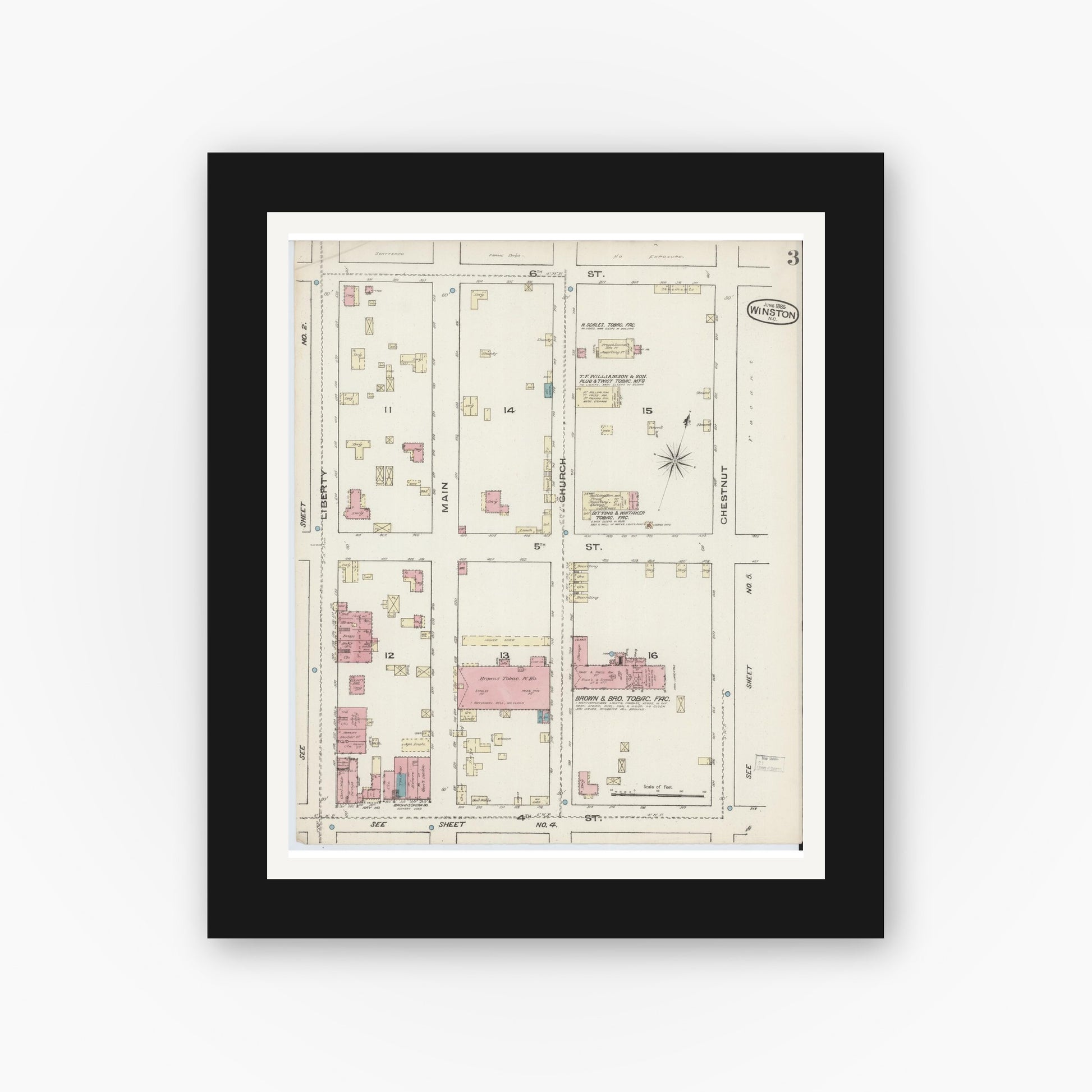 Old map wall art mockup — black gallery frame with white mat — Sanborn Fire Insurance Map from Winston-Salem, Forsyth County, North Carolina (1885), Sheet #0003