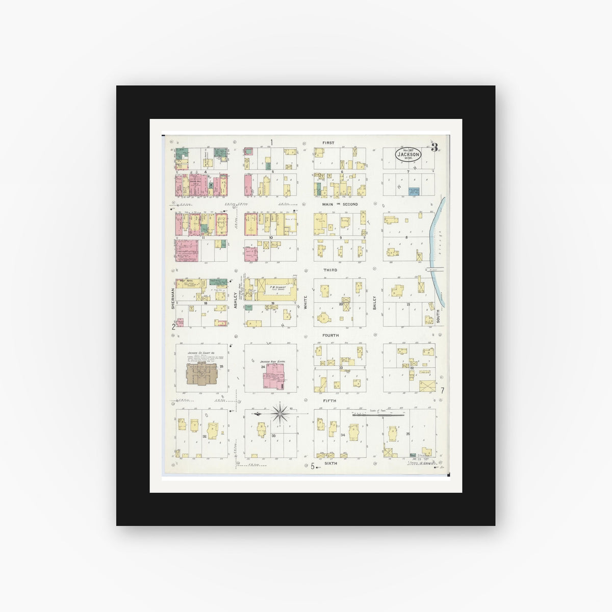 Old map wall art mockup — black gallery frame with white mat — Sanborn Fire Insurance Map from Jackson, Jackson County, Minnesota (1907), Sheet #0003
