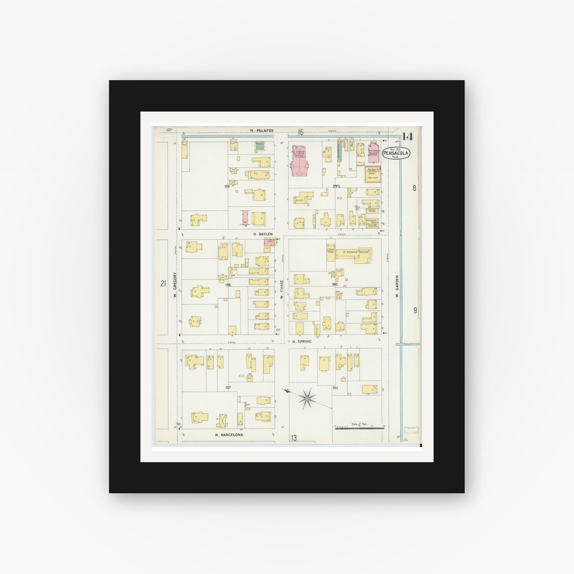 Old map wall art mockup — black gallery frame with white mat — Sanborn Fire Insurance Map from Pensacola, Escambia County, Florida (1903), Sheet #0014