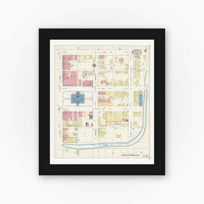 Old map wall art mockup — black gallery frame with white mat — Sanborn Fire Insurance Map from Rushville, Rush County, Indiana (1913), Sheet #0004
