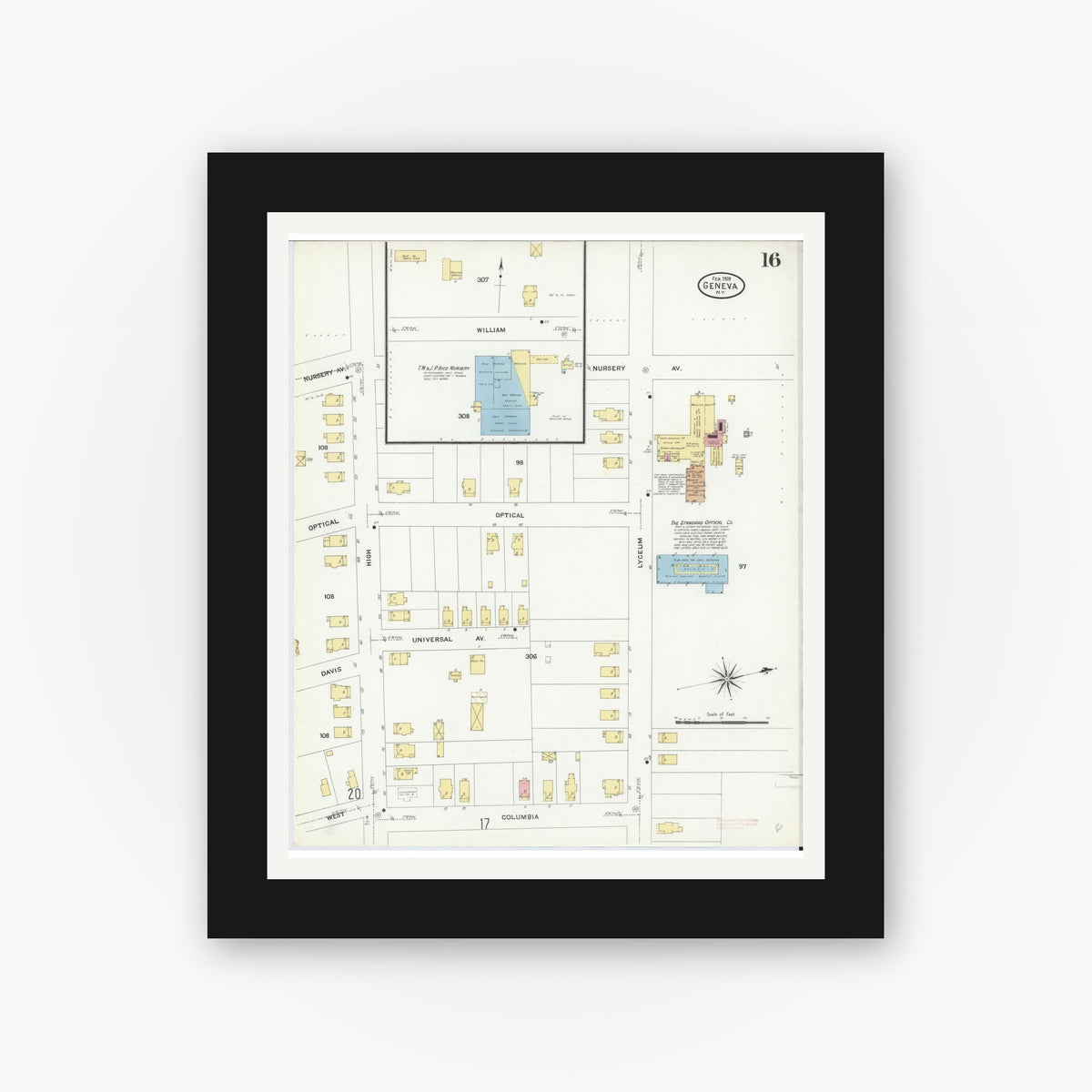 Old map wall art mockup — black gallery frame with white mat — Sanborn Fire Insurance Map from Geneva, Ontario County, New York (1909), Sheet #0016
