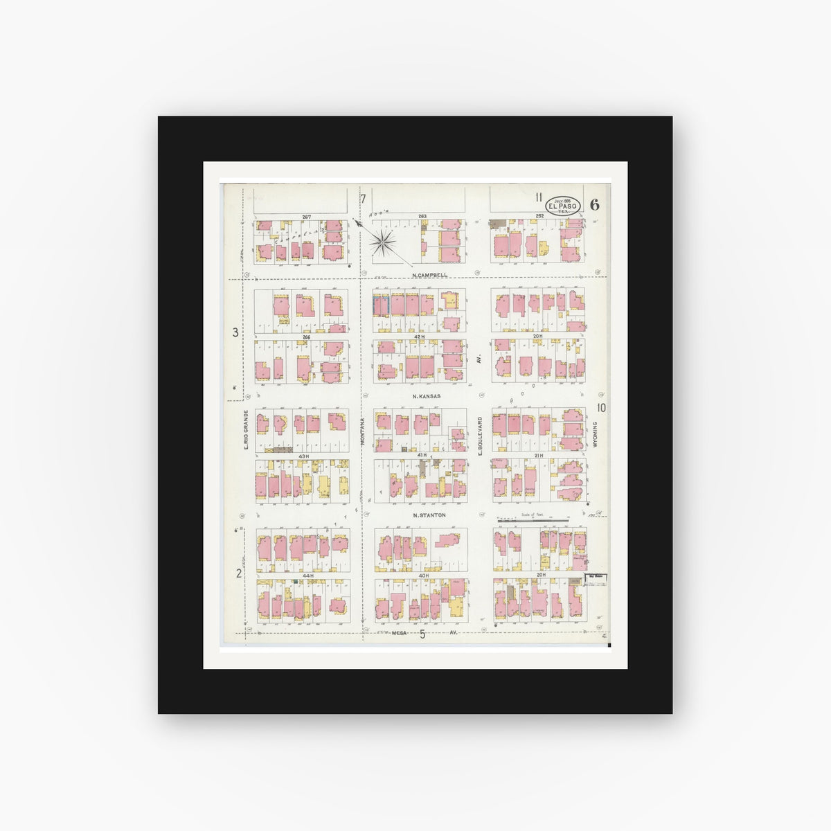 Old map wall art mockup — black gallery frame with white mat — Sanborn Fire Insurance Map from El Paso, El Paso County, Texas (1905), Sheet #0006