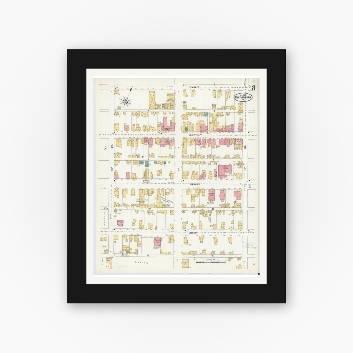 Old map wall art mockup — black gallery frame with white mat — Sanborn Fire Insurance Map from Mifflinburg, Union County, Pennsylvania (1906), Sheet #0003