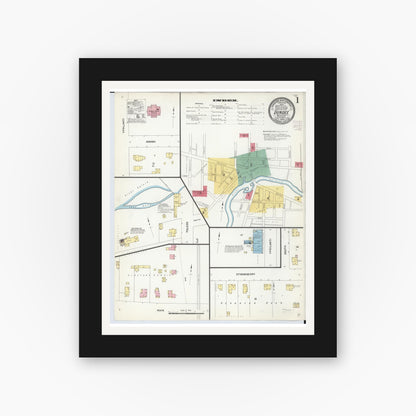 Old map wall art mockup — black gallery frame with white mat — Sanborn Fire Insurance Map from Dundee, Monroe County, Michigan (1908), Sheet #0001