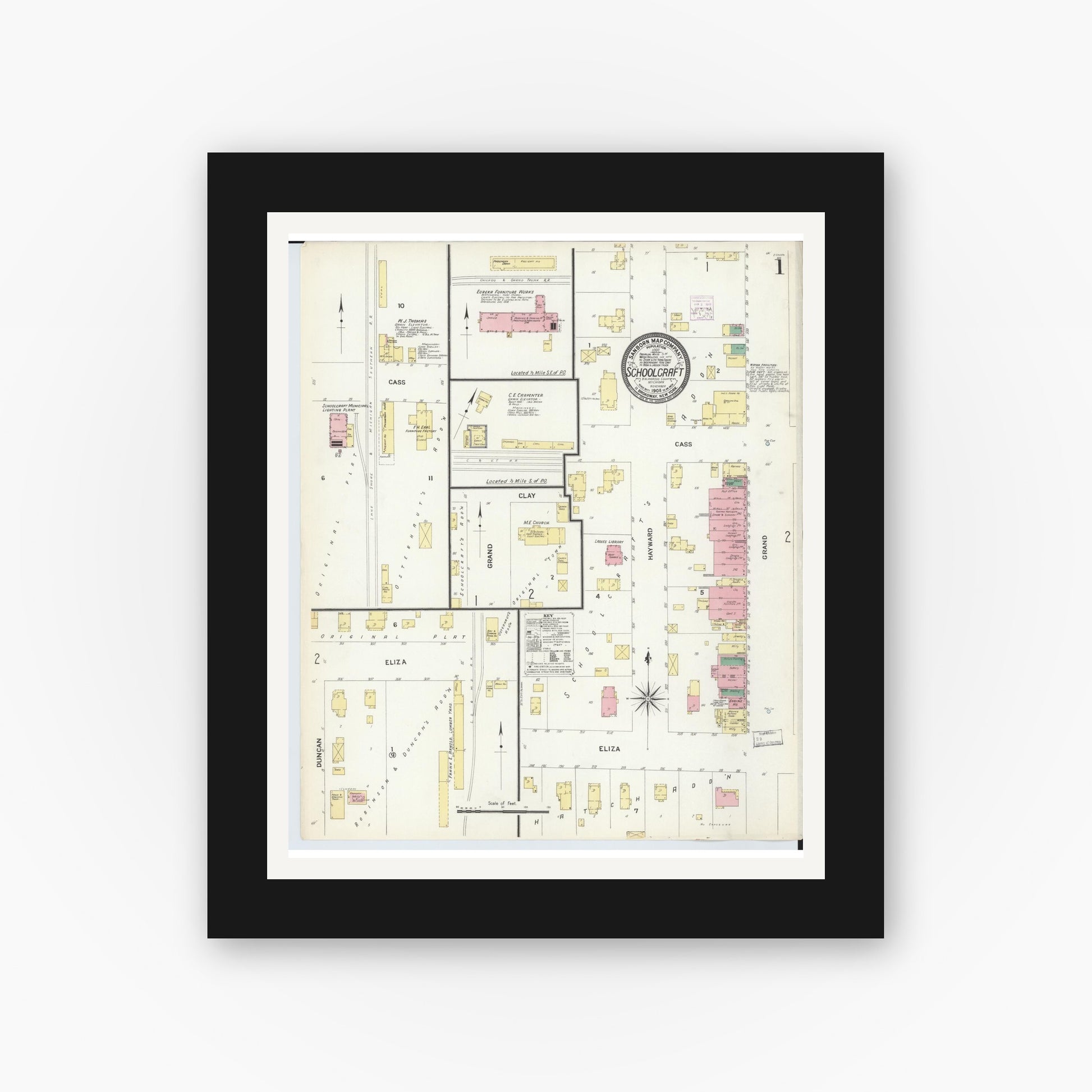 Old map wall art mockup — black gallery frame with white mat — Sanborn Fire Insurance Map from Schoolcraft, Kalamazoo County, Michigan (1908) - Complete Map Set