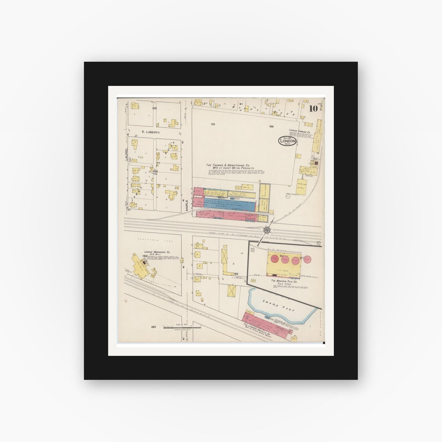 Old map wall art mockup — black gallery frame with white mat — Sanborn Fire Insurance Map from London, Madison County, Ohio (1921), Sheet #0010