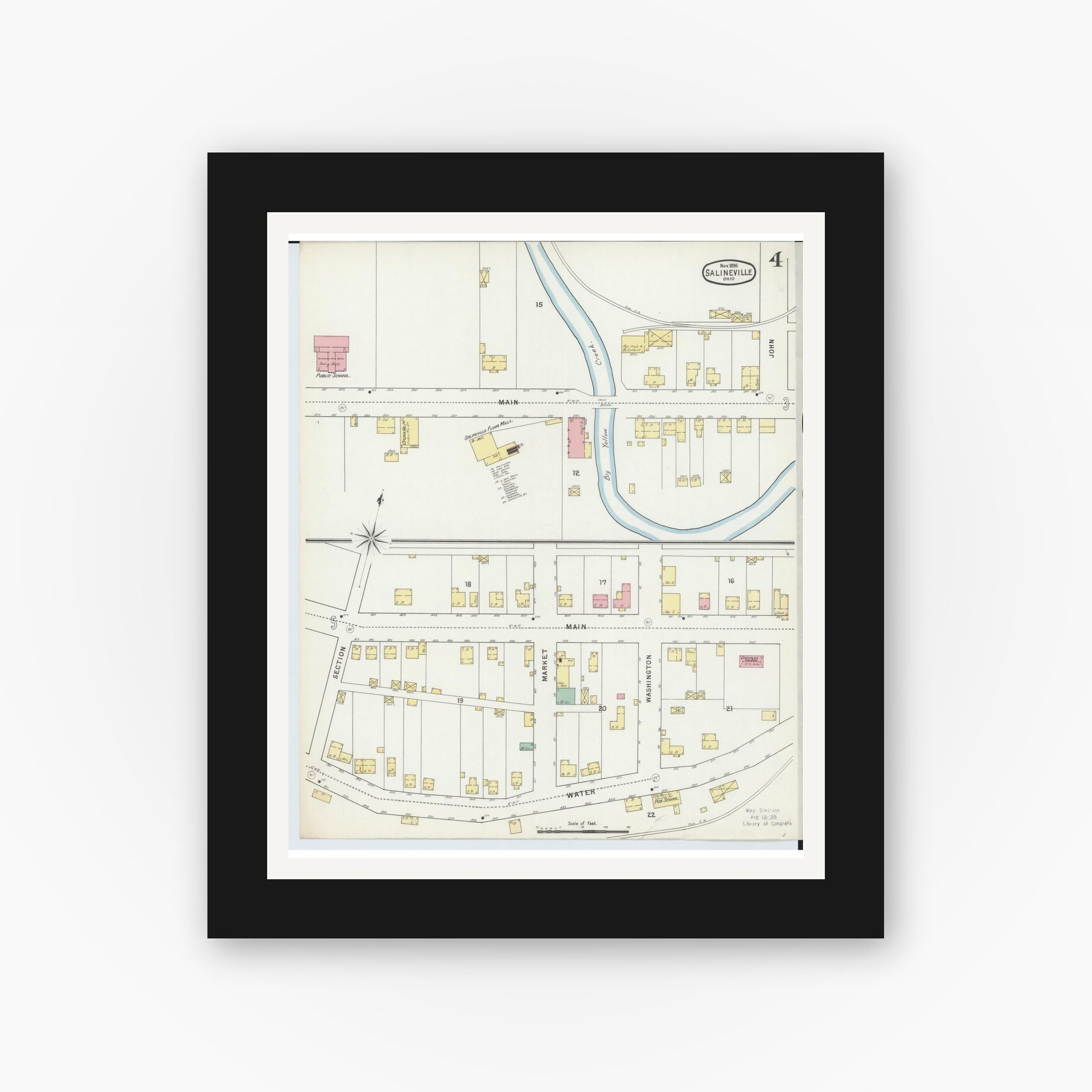 Old map wall art mockup — black gallery frame with white mat — Sanborn Fire Insurance Map from Salineville, Columbiana County, Ohio (1895), Sheet #0004