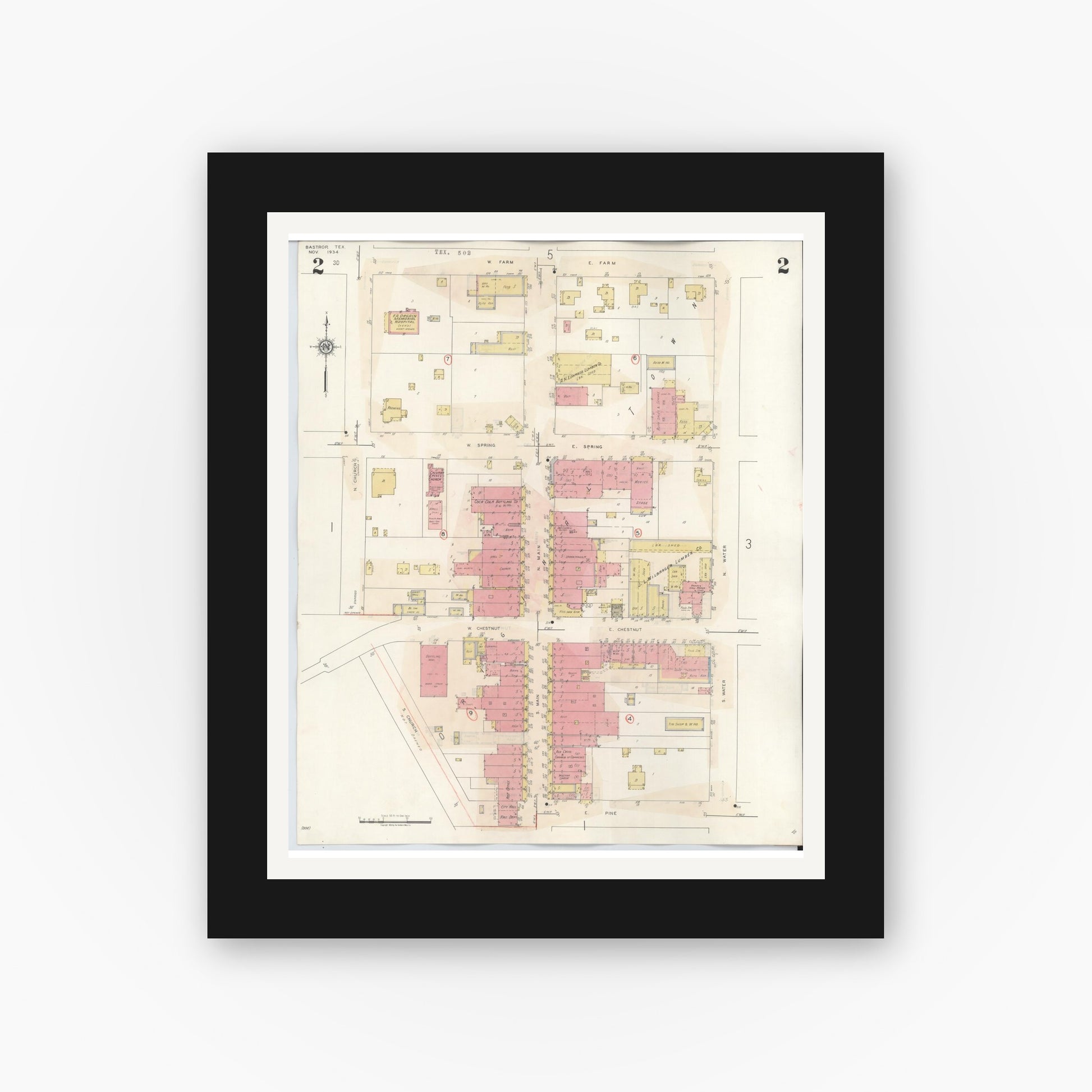 Old map wall art mockup — black gallery frame with white mat — Sanborn Fire Insurance Map from Bastrop, Bastrop County, Texas (1944), Sheet #0002