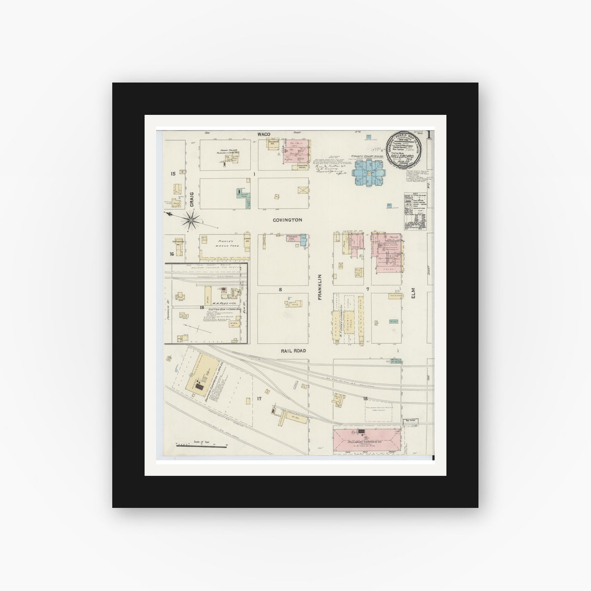 Old map wall art mockup — black gallery frame with white mat — Sanborn Fire Insurance Map from Hillsboro, Hill County, Texas (1891), Sheet #0001