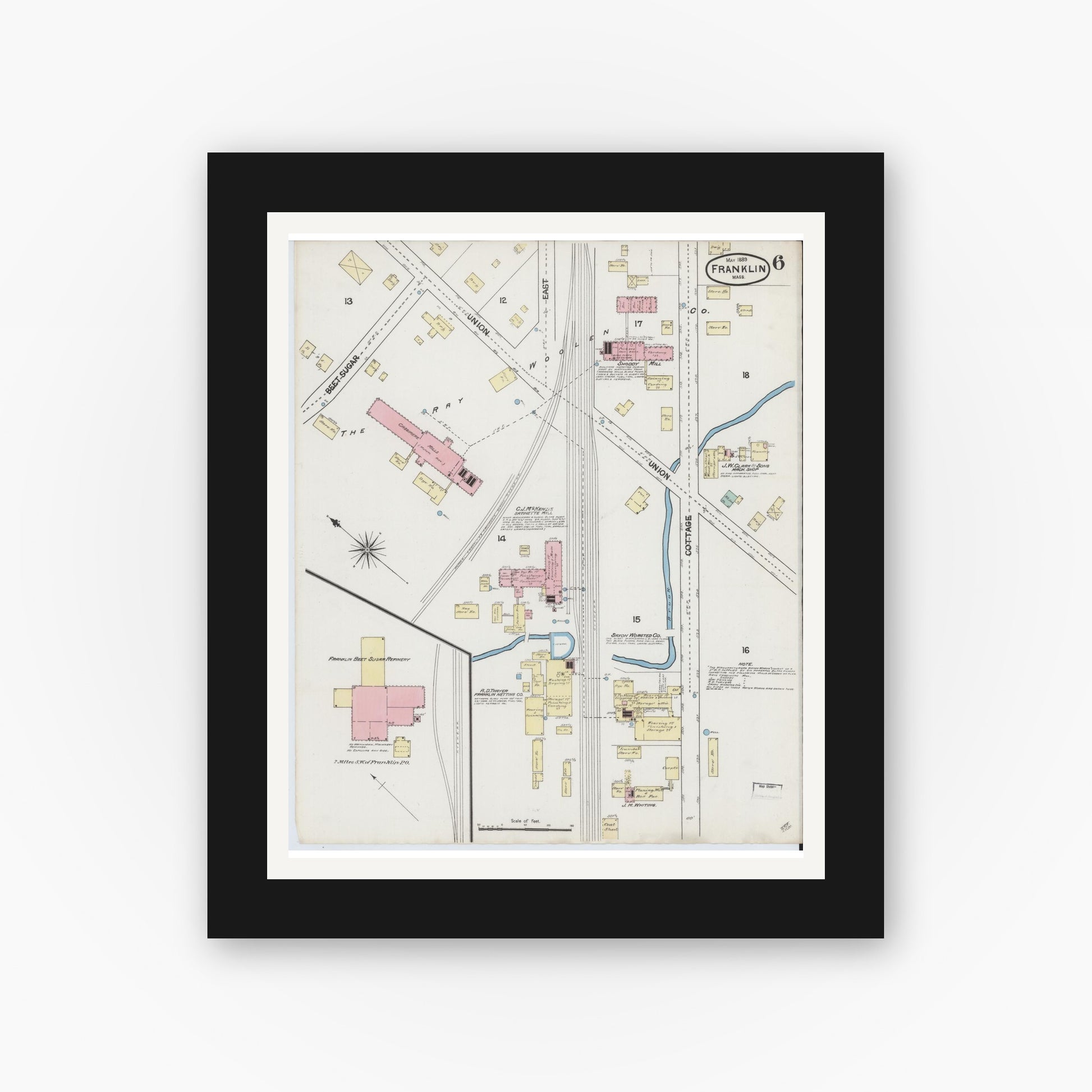 Old map wall art mockup — black gallery frame with white mat — Sanborn Fire Insurance Map from Franklin, Norfolk County, Massachusetts (1889), Sheet #0006