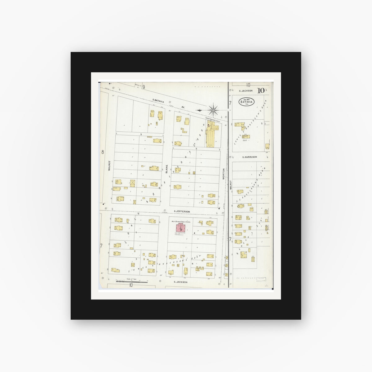 Old map wall art mockup — black gallery frame with white mat — Sanborn Fire Insurance Map from Batavia, Kane County, Illinois (1907), Sheet #0010