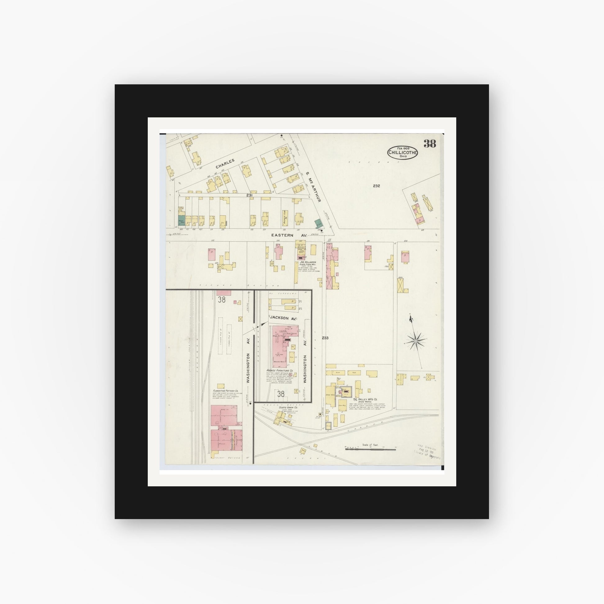 Old map wall art mockup — black gallery frame with white mat — Sanborn Fire Insurance Map from Chillicothe, Ross County, Ohio (1909), Sheet #0038