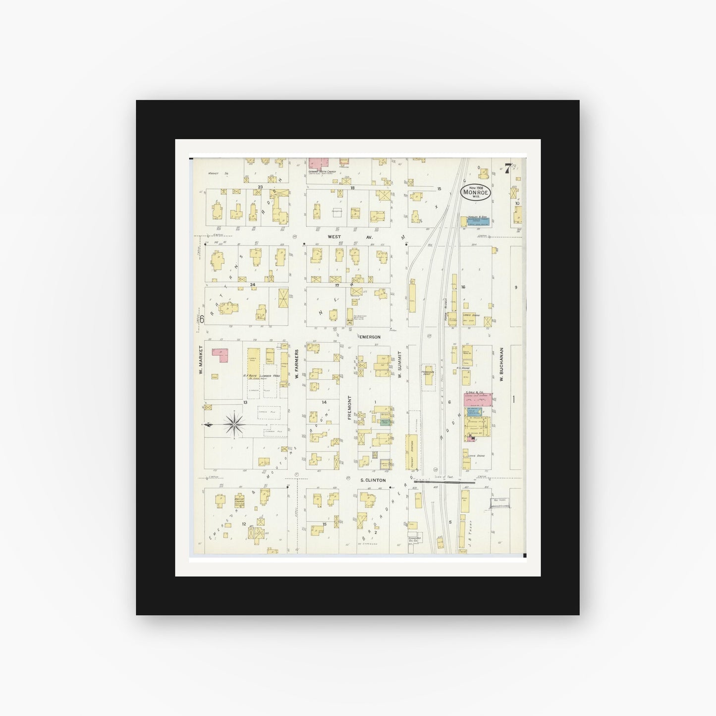 Old map wall art mockup — black gallery frame with white mat — Sanborn Fire Insurance Map from Monroe, Green County, Wisconsin (1908), Sheet #0007