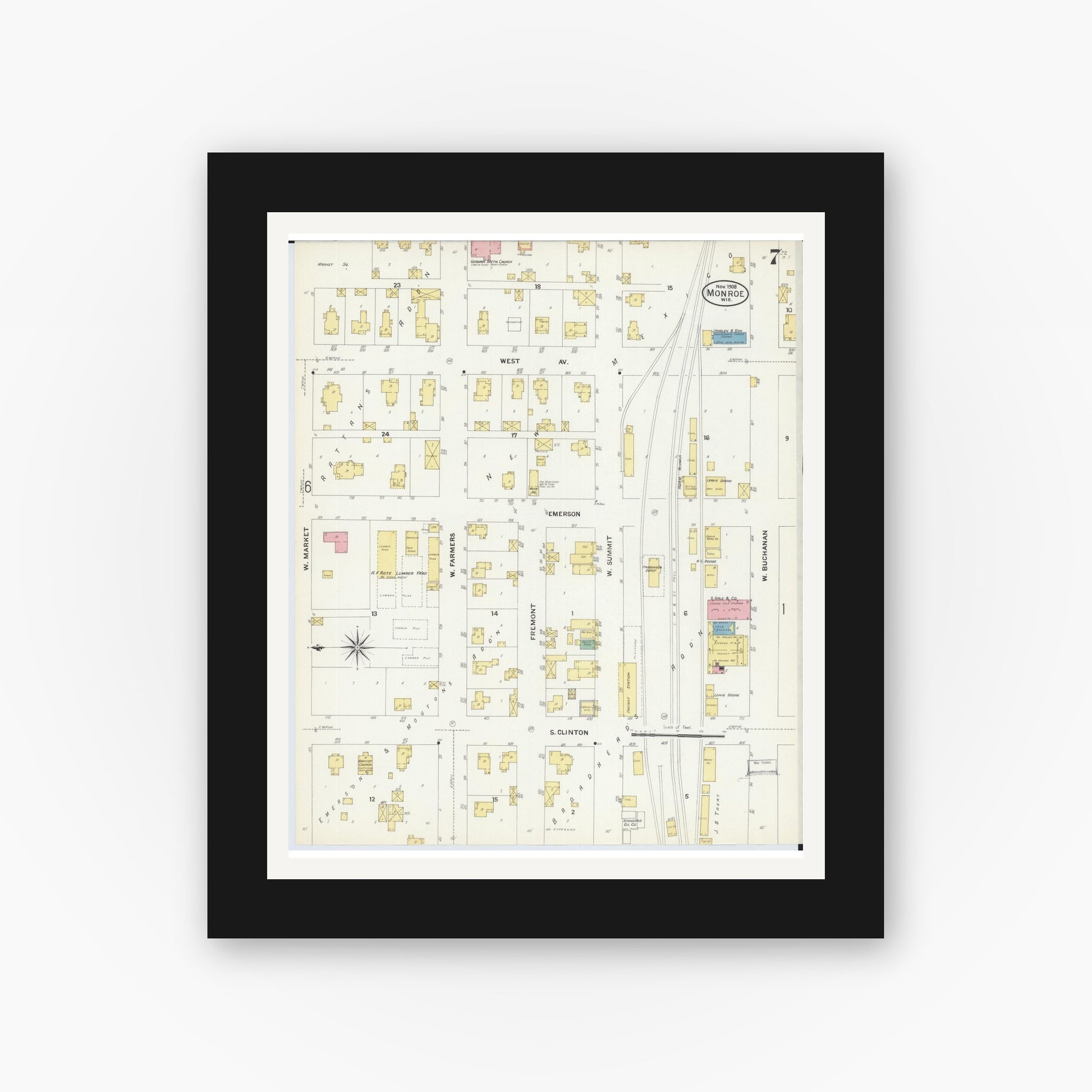 Old map wall art mockup — black gallery frame with white mat — Sanborn Fire Insurance Map from Monroe, Green County, Wisconsin (1908), Sheet #0007