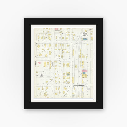 Old map wall art mockup — black gallery frame with white mat — Sanborn Fire Insurance Map from Monroe, Green County, Wisconsin (1908), Sheet #0007