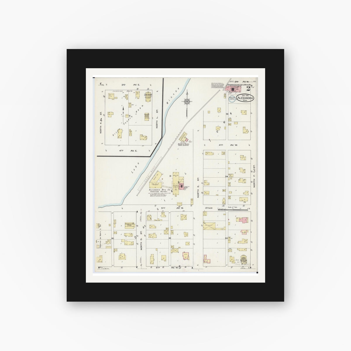 Old map wall art mockup — black gallery frame with white mat — Sanborn Fire Insurance Map from Alexandria, Douglas County, Minnesota (1914), Sheet #0002