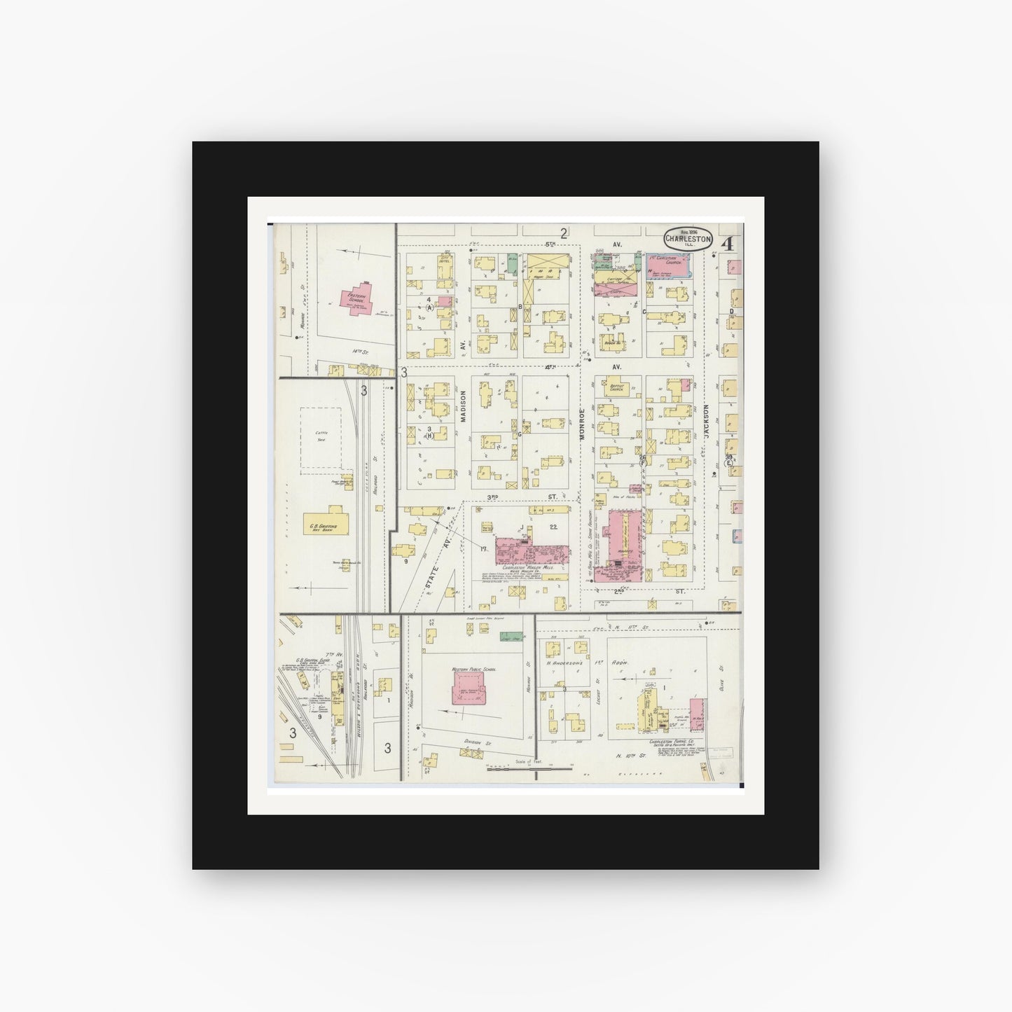 Old map wall art mockup — black gallery frame with white mat — Sanborn Fire Insurance Map from Charleston, Coles County, Illinois (1896), Sheet #0004