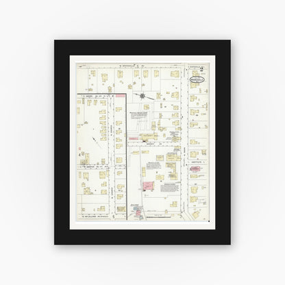 Old map wall art mockup — black gallery frame with white mat — Sanborn Fire Insurance Map from Mooresville, Iredell County, North Carolina (1914), Sheet #0002