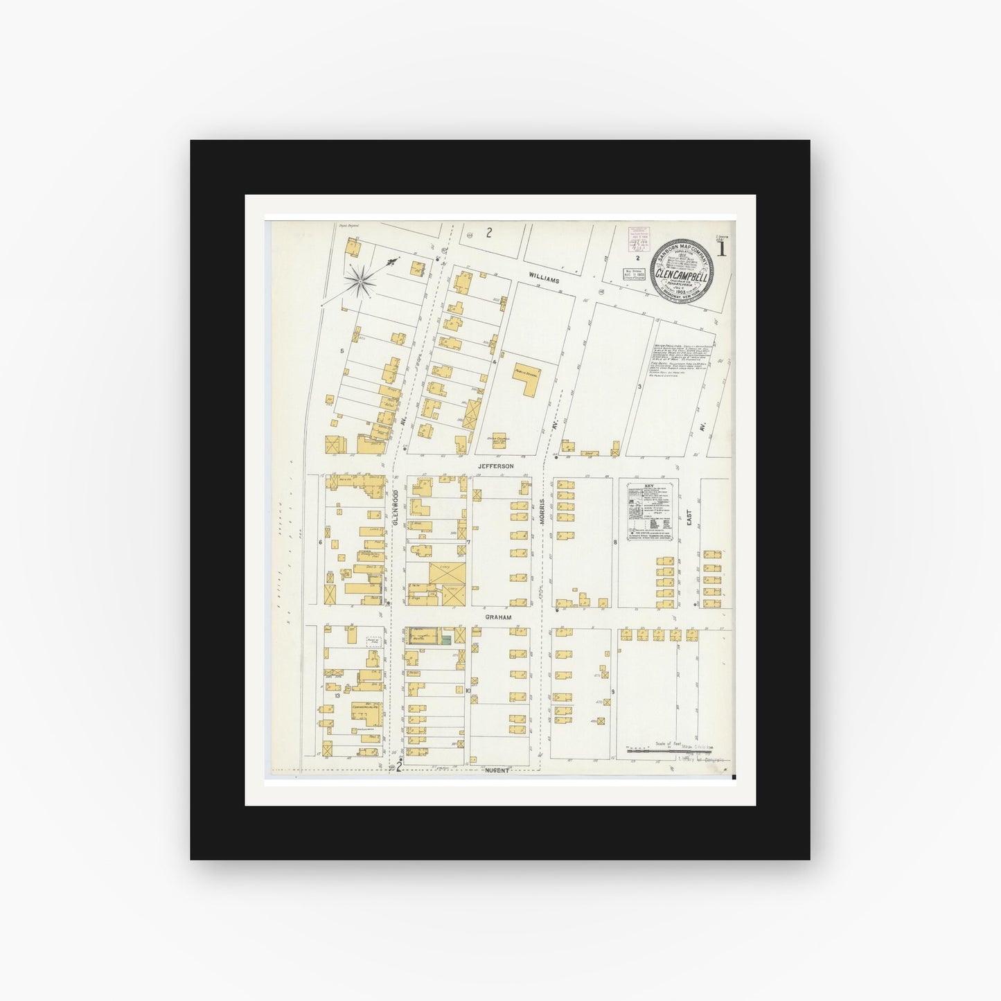 Old map wall art mockup — black gallery frame with white mat — Sanborn Fire Insurance Map from Glen Campbell, Indiana County, Pennsylvania (1903), Sheet #0001