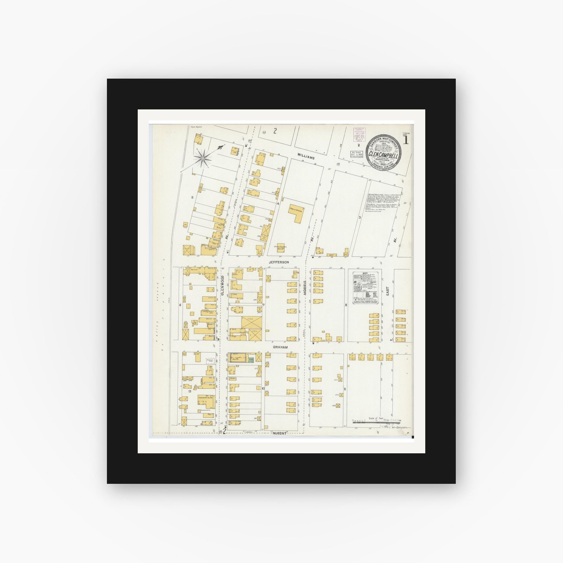 Old map wall art mockup — black gallery frame with white mat — Sanborn Fire Insurance Map from Glen Campbell, Indiana County, Pennsylvania (1903), Sheet #0001