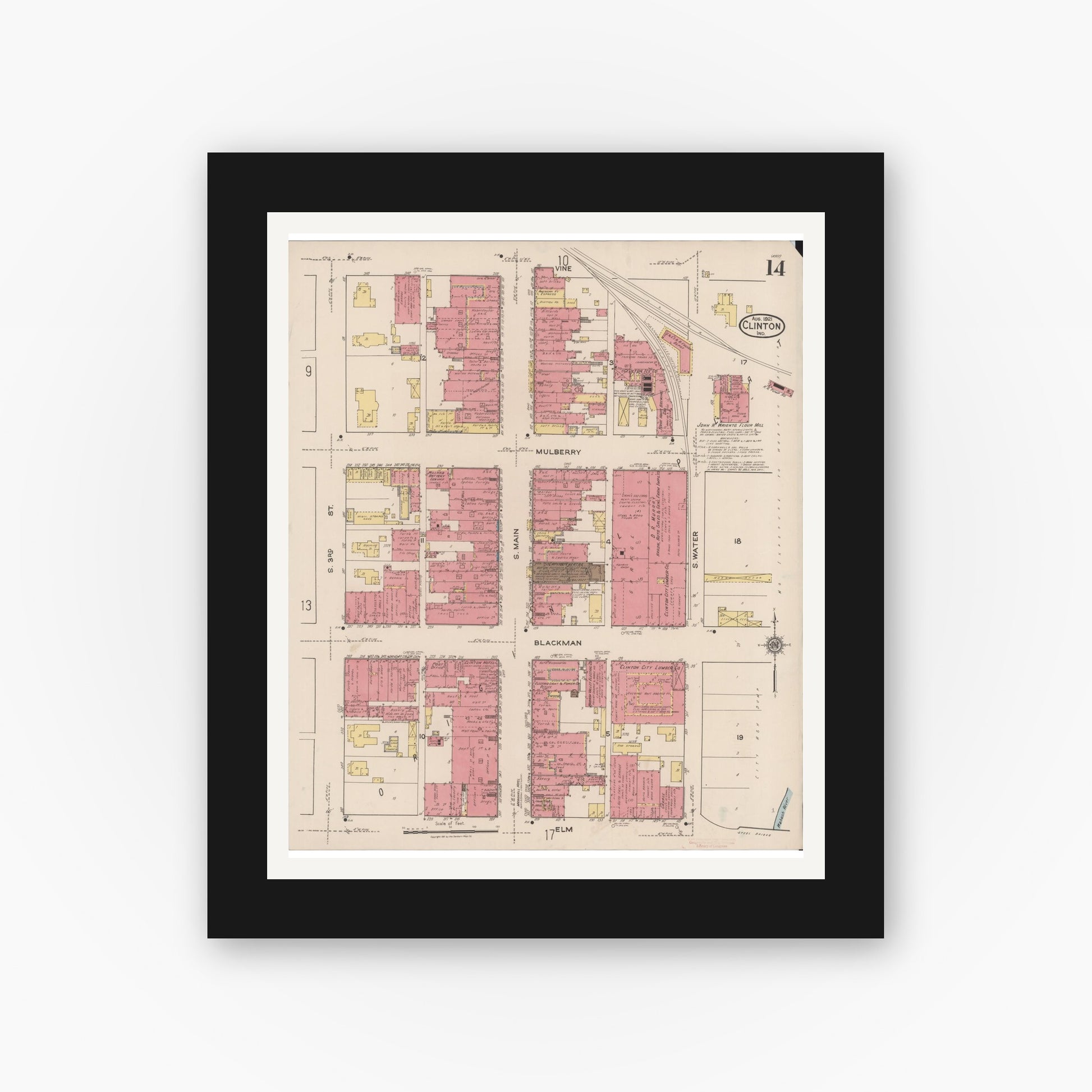 Old map wall art mockup — black gallery frame with white mat — Sanborn Fire Insurance Map from Clinton, Vermillion County, Indiana (1921), Sheet #0014