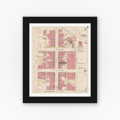 Old map wall art mockup — black gallery frame with white mat — Sanborn Fire Insurance Map from Clinton, Vermillion County, Indiana (1921), Sheet #0014