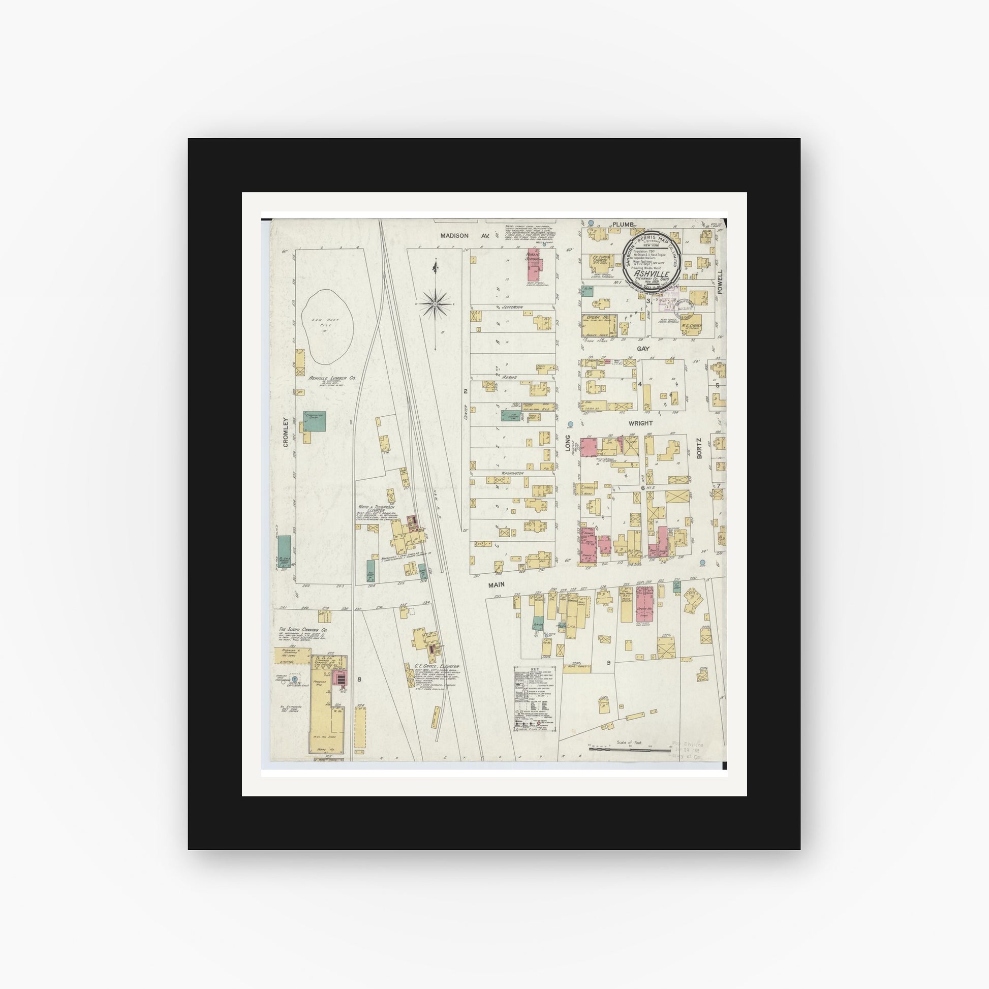 Old map wall art mockup — black gallery frame with white mat — Sanborn Fire Insurance Map from Ashville, Pickaway County, Ohio (1901), Sheet #0001