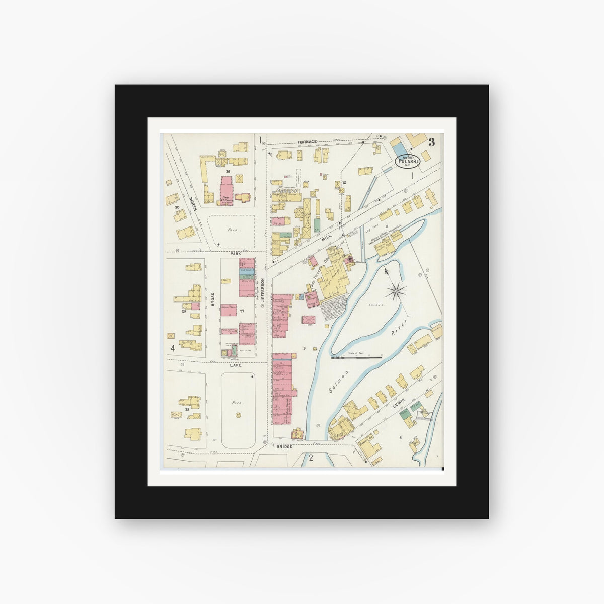 Old map wall art mockup — black gallery frame with white mat — Sanborn Fire Insurance Map from Pulaski, Oswego County, New York (1898), Sheet #0003