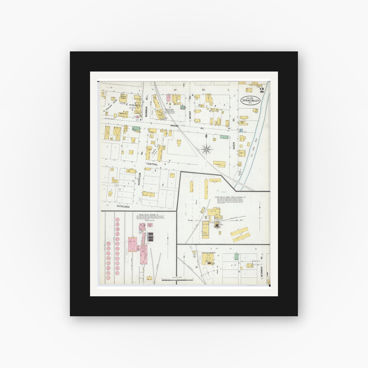 Old map wall art mockup — black gallery frame with white mat — Sanborn Fire Insurance Map from Spring Valley, Pierce County, Wisconsin (1900), Sheet #0002