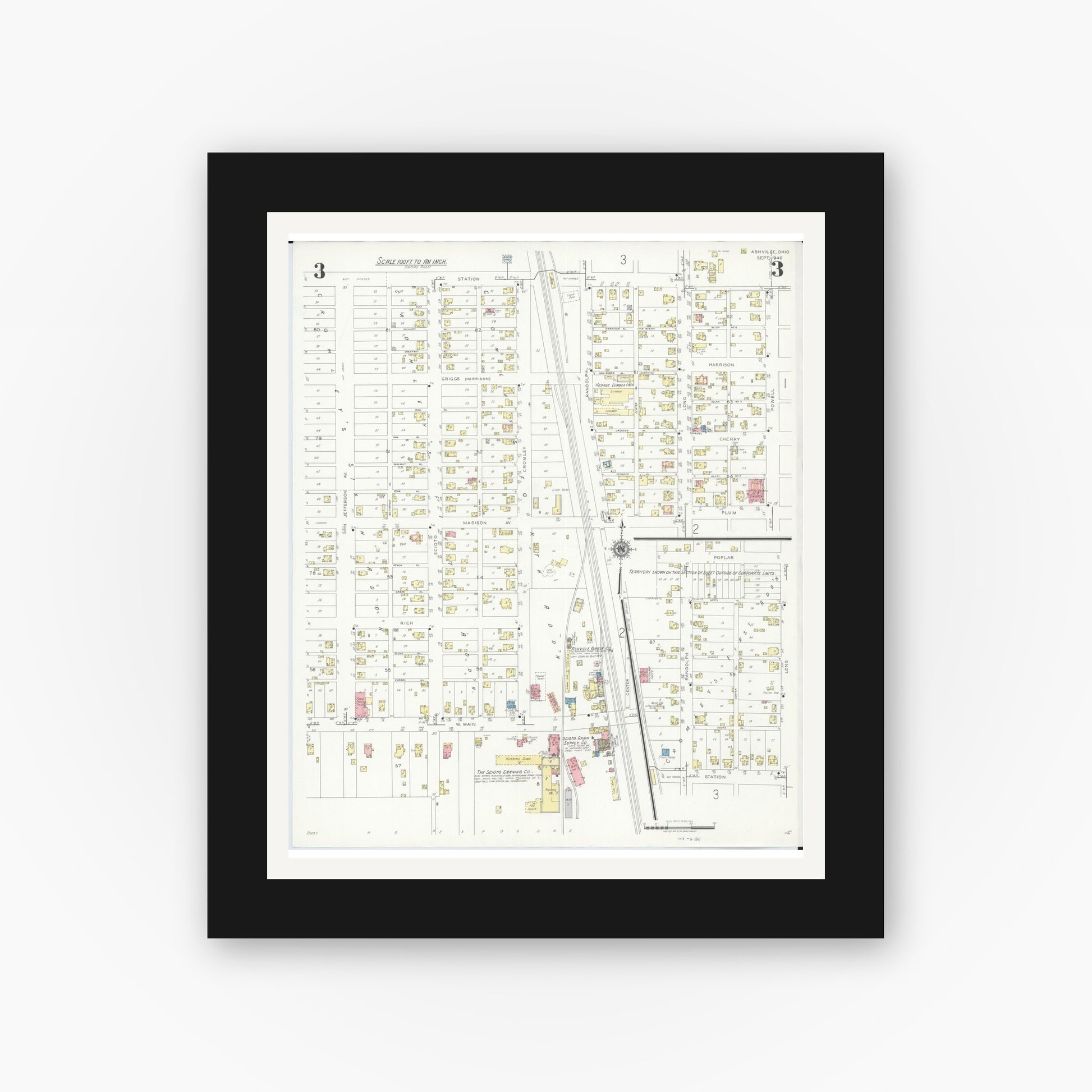 Old map wall art mockup — black gallery frame with white mat — Sanborn Fire Insurance Map from Ashville, Pickaway County, Ohio (1940), Sheet #0003