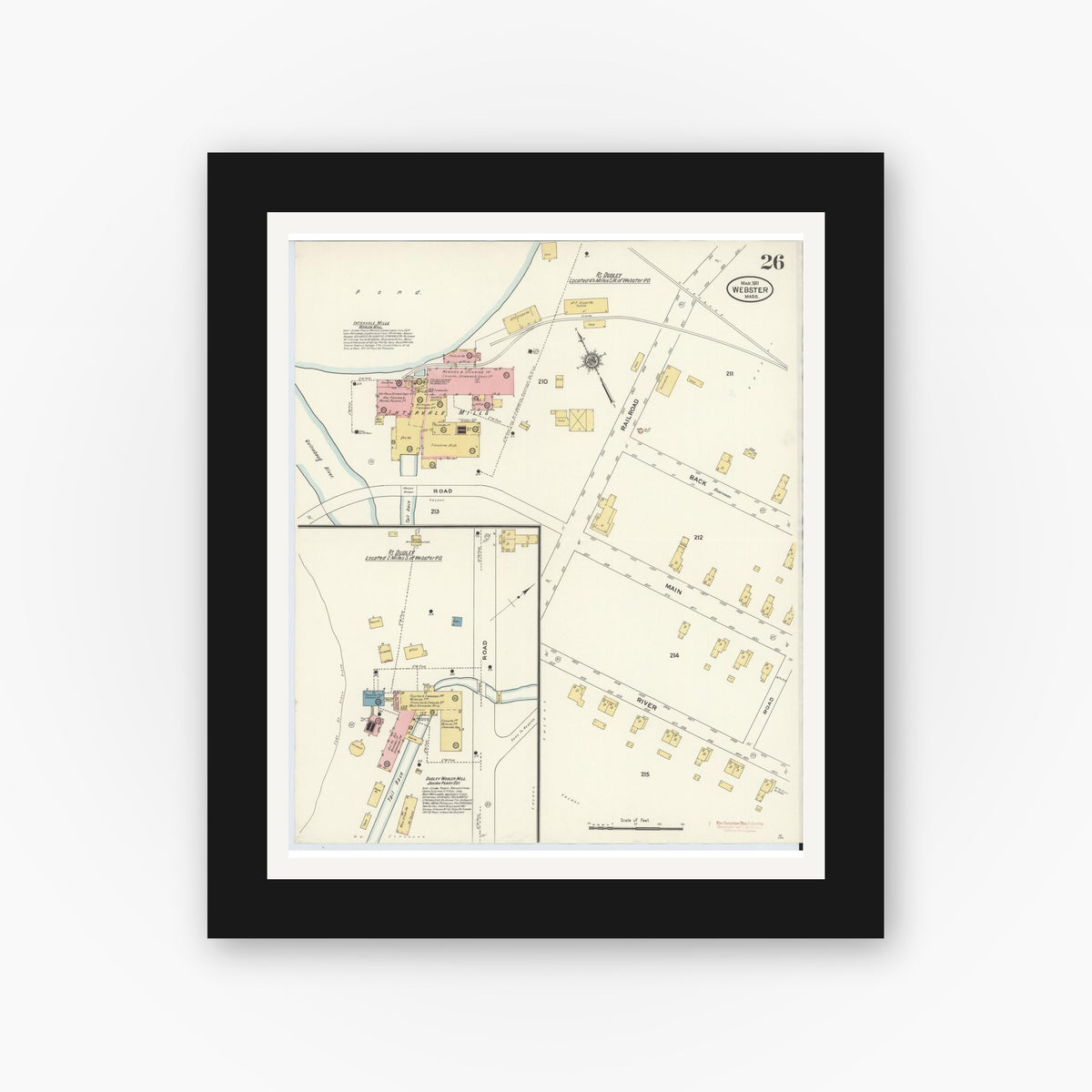 Old map wall art mockup — black gallery frame with white mat — Sanborn Fire Insurance Map from Webster, Worcester County, Massachusetts (1911), Sheet #0026