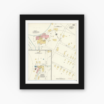 Old map wall art mockup — black gallery frame with white mat — Sanborn Fire Insurance Map from Webster, Worcester County, Massachusetts (1911), Sheet #0026