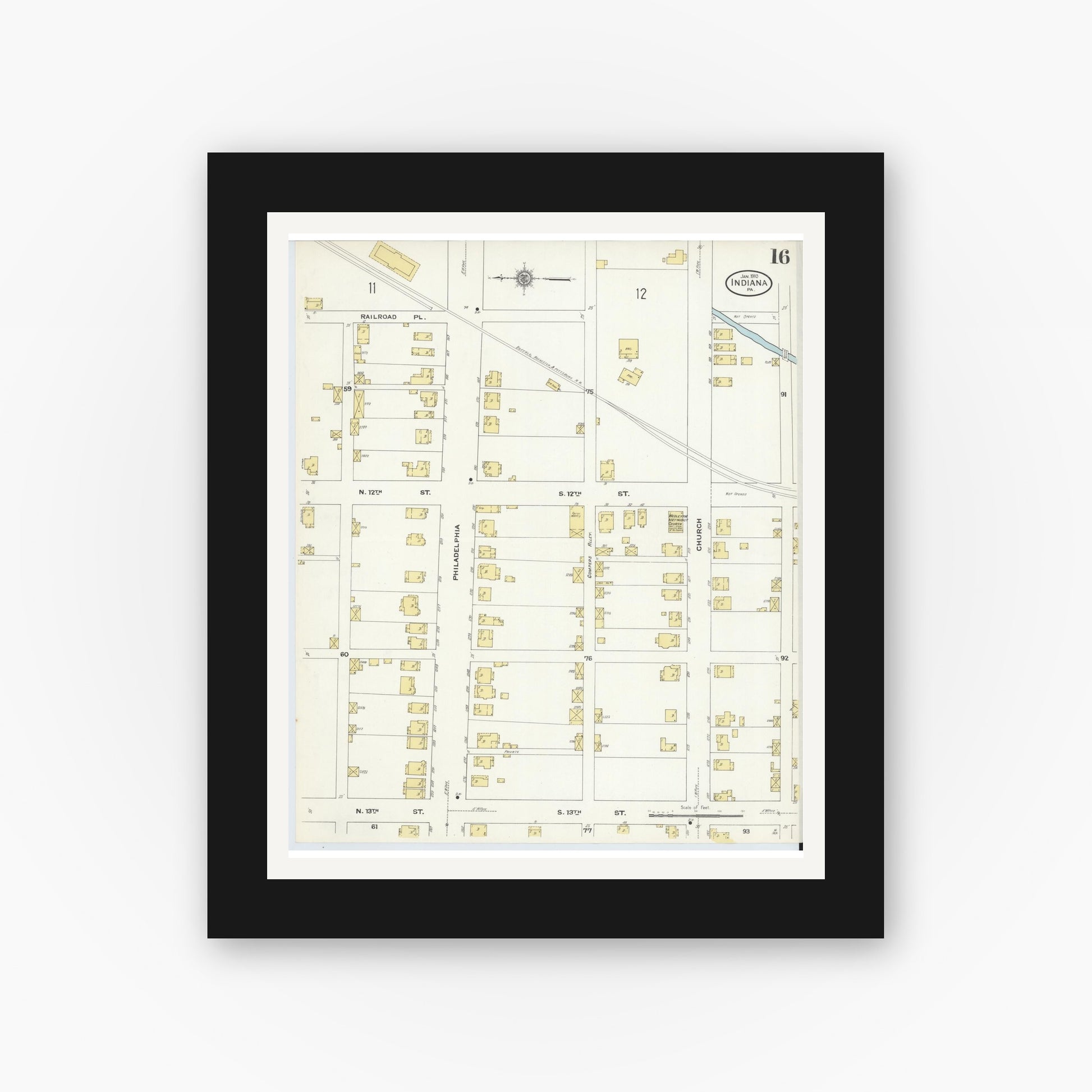 Old map wall art mockup — black gallery frame with white mat — Sanborn Fire Insurance Map from Indiana, Indiana County, Pennsylvania (1910), Sheet #0016