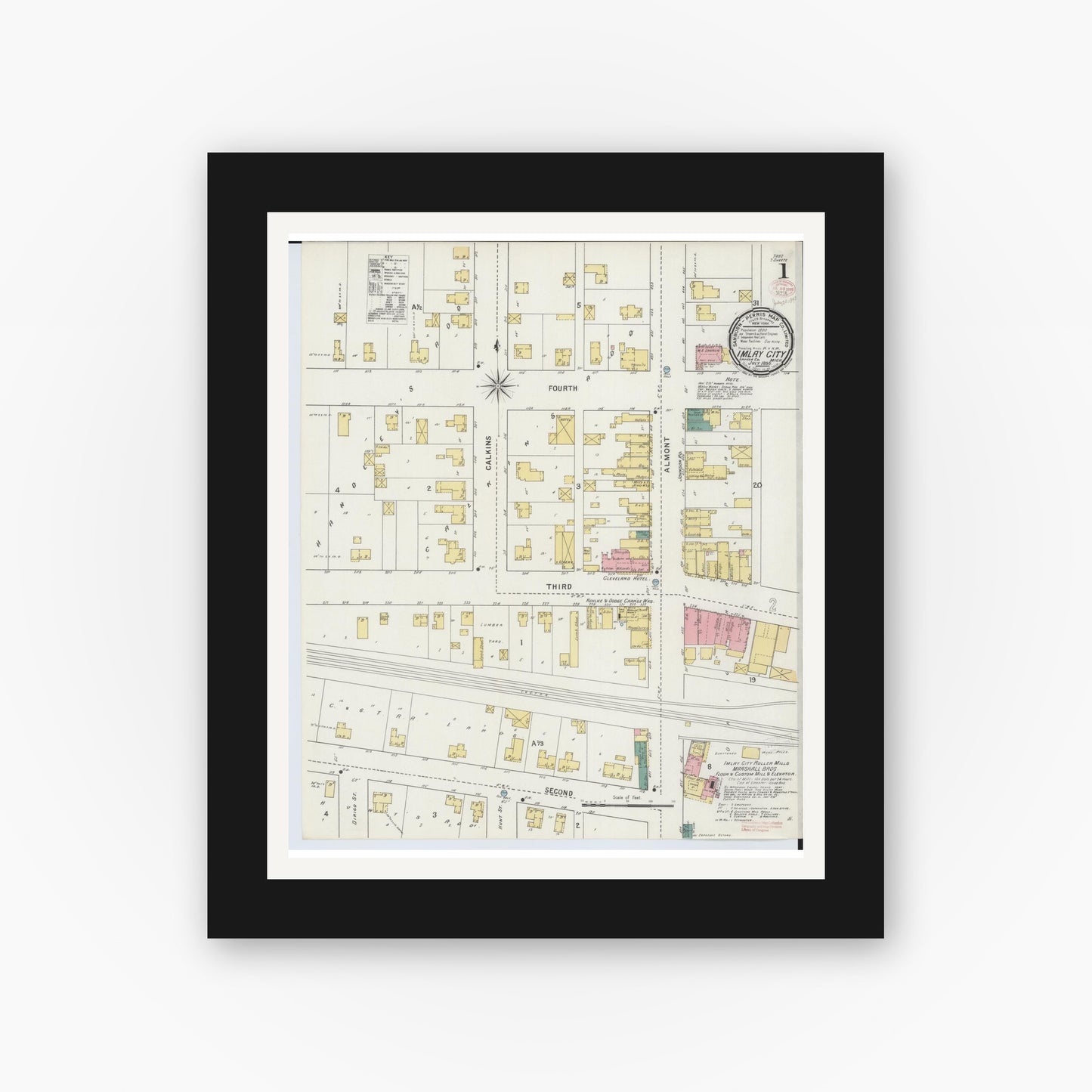 Old map wall art mockup — black gallery frame with white mat — Sanborn Fire Insurance Map from Imlay City, Lapeer County, Michigan (1895) - Complete Map Set