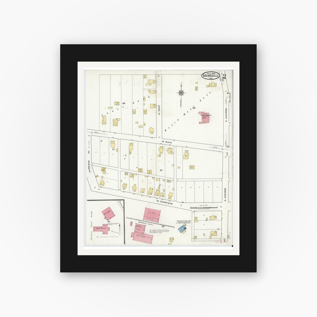 Old map wall art mockup — black gallery frame with white mat — Sanborn Fire Insurance Map from Mooresville, Morgan County, Indiana (1920), Sheet #0002